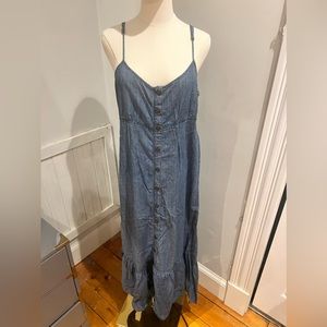 Free People Blue Denim Maxi Prairie Sundress Ruffle Hem Button Front Sz Large